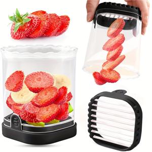 TEMU 2-in-1 스테인리스 스틸 수동 슬라이서 & 다지기 컵 - 딸기, 바나나, 양파, 버섯용 분리형 과일/채소 커터 | 푸시 플레이트 포함 식기세척기 안전 주방 도구 (가정/여행용 휴대용 다지기 및 슬라이싱)