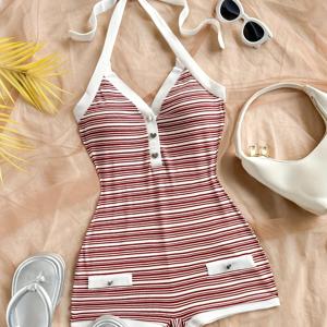 TEMU 여름 한정판 빈티지 레드 & 화이트 대비 컬러 하트 메탈 버클 장식 스트랩 점프수트