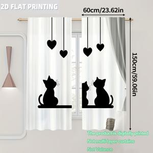 TEMU 2개 세트 블랙 앤 화이트 고양이 커튼 - 귀여운 실루엣 가림막, 폴리에스터 창문 커튼 (로드 필요 없음), 거실/침실용, 애완동물 사랑하는 집 장식, 현대적 디자인, 내구성 강한 프라이버시 커튼