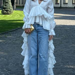 TEMU 여성용 V넥 벨 슬리브 불규칙 러플 밑단 긴팔 셔츠, 단색 디자인