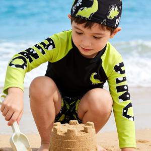 TEMU 남아용 스타일리시 공룡 프린트 블랙 & 라이트 옐로우 세트형 수영복