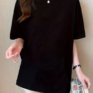 TEMU 여성용 캐주얼 여름 티셔츠 - 블랙, 반팔, 라운드 넥, 루즈핏, 단색, 가벼운 폴리에스터 블렌드, 기계 세척 가능, 캐주얼한 의상에 완벽