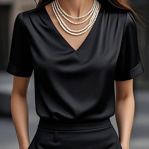 TEMU 여성용 여름 반팔 셔츠, 우아한 단색 드레이프 브이넥 블라우스, 우아하고 우아함, 모든 상황에 적합