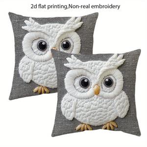 TEMU 2D 플랫 - 2개 세트, 부드러운 플러시 2D 프린트 흰색 올빼미 베개 커버, 비실제적인 자수 특징, 사랑스러운 장식 쿠션 커버, 지퍼 포함 18X18인치, 현관, 파티오, 소파, 거실, 야외 사용에 적합
