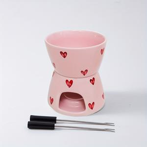 TEMU 초콜릿 퐁듀 냄비 1개와 포크 2개, 귀여운 하트 패턴 세라믹 버터 워머 세트 녹이는 냄비 세트, 치즈 초콜릿 버터 캐러멜용 녹이는 핫팟 볼 세트, R용, 결혼식 생일 추수감사절 기념일 선물