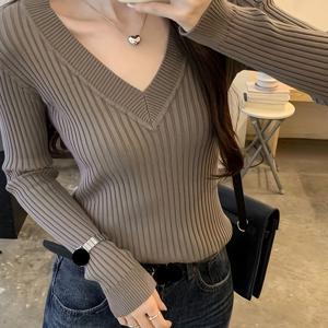 TEMU 여성용 우아한 V넥 긴팔 골지 스웨터 | 중간 신축성, 단색, 플레어 밑단, 스키니 핏, 가을/겨울 레이어링에 이상적