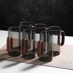 TEMU LDQ 2/4/6개 그레이 유리컵, 고강도 붕규산 내열성 호두나무 손잡이 - 360ml 미끄럼 방지 티 커피 머그 세트, 라떼 머그, 아메리카노, 카푸치노, 티백, 식기세척기 사용 가능 모던 드링크웨어, 홈 바용