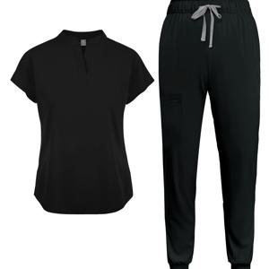 TEMU NiaaHinn 여성용 캐주얼 스크럽 세트, 솔리드 컬러의 반팔 튜닉 & 포켓 팬츠, 만다린 칼라, 레귤러 길이, 사계절 편안하게 착용 가능, 간호사/치과 의사/직장인용 캐주얼 작업복, 여성용 스크럽 세트, 간호사용 스크럽 세트