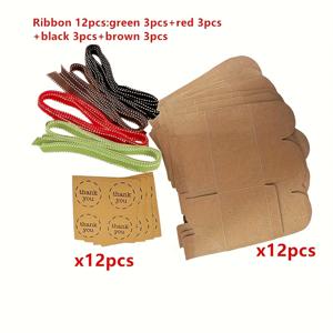 TEMU 36개입 (12개 상자 + 12개 혼합 색상 리본 + 12개 스티커) 갈색 크라프트 종이 사탕 상자, 4가지 종류의 리본과 감사 스티커가 포함된 작은 선물 상자, 크리스마스, 사탕, 장식용 양초 포장, 병, 머그컵, 대량에 적합