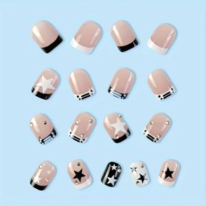 TEMU 프레스온 네일 숏 스퀘어 블랙 & 화이트 스타 디자인 엣지 스파클링 라인스톤 장식, 풀 커버리지 인조 네일 24pcs (여성용)