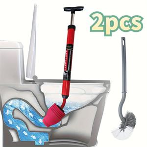 TEMU 강력한 변기 배수구 막힘 제거기 2개와 변기 브러시 세트. 욕실에서 높은 압력으로 사용하기 위해 설계되었으며, 강력한 에어 드레인 막힘 제거기와 욕실 배수구 및 막힌 파이프에 적합한 내구성 있는 막힘 제거기가 특징입니다.