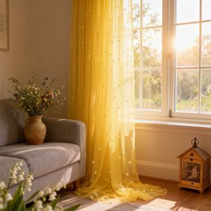 TEMU 옐로우 펄 시어 커튼봉 포켓 스타일 공예 원단 침실 웨딩 파티 야외 발렌타인데이 장식 간편 설치