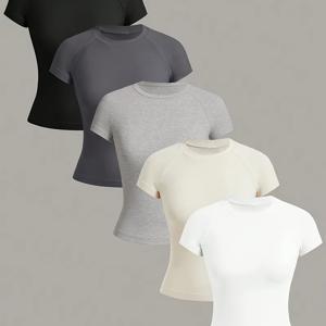 TEMU 여성용 베이직 라운드넥 슬림핏 다용도 반팔 5피스 세트