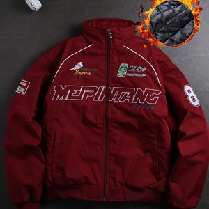 TEMU 남성 스트리트 기능성 스타일 코트 | 스탠드 칼라, 레터 엘리먼트 및 패턴 장식, 양쪽에 스타일리시한 포켓, 실용적이고 다재다능한 레트로 아메리칸 스트리트 트렌디 재킷, 섬유