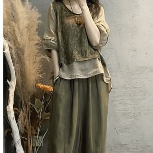 TEMU 쩐쿠 봄 여성 쉬폰 이중 7부 블라우스 바지 상하세트 8902