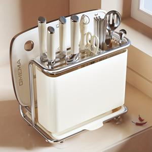 TEMU 스테인리스 스틸 나이프 정리함 흰색 다기능 조리대 주방 수납 선반 칼 도마 식기 물받이 트레이 포함 내구성 있고 공간 절약형 주방 수납 디자인