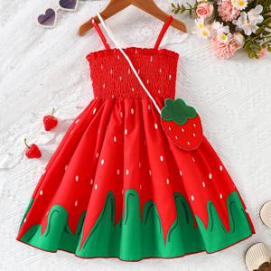 TEMU 소녀용 스트랩 캐주얼 드레스 - 딸기 프린트, 허리 조임 디자인, 러플 밑단. 딸기 액세서리 포함, 외출, 휴가, 파티에 완벽한 민소매 여름 드레스, 소녀를 위한 이상적인 선물