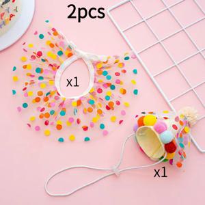 TEMU 강아지 생일 왕관 및 스카프 2개 세트, 축제 모자, 불꽃놀이 왕관, 강아지 스카프, 컬러풀한 점이 있는 흰색 소재 (대형)