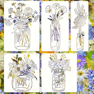 TEMU 메이슨 꽃병 페인팅용 재사용 가능한 국화 꽃병 틀 5개, 나무 벽 및 가구용 홈 데코 아트 페인팅 틀, 캔버스 DIY 공예품