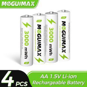 TEMU MOGUIMAX AA 리튬 이온 배터리 4개 충전 가능, 3000Mwh 용량, 1.5V 상수 전압 유지로 오래 지속되는 전원 공급. 휴대 가능하고 재사용 가능하며 대용량 배터리 용량을 갖추고 있습니다. 리모컨에 적합합니다.