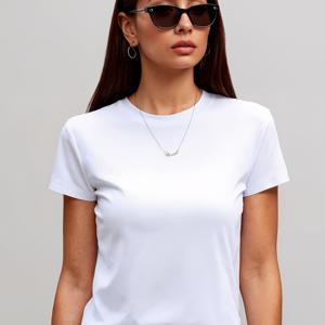 TEMU 여성용 우아하고 다재다능한 화이트 라운드넥 티셔츠, 패브릭, 고탄력 단색 탑, 봄/여름 패션