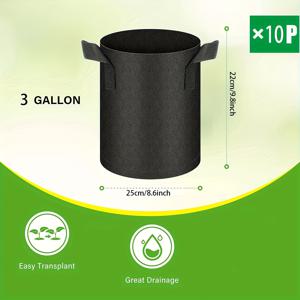 TEMU 10개입 3갤런 야채/꽃/식물 재배용 두꺼운 부직포 화분 손잡이 포함