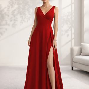 TEMU 여성용 민소매 V넥 롱 드레스, 하이웨이스트 핏 허리, 사이드 하이슬릿 디자인, 플레어 밑단, 플로이 스커트, 이브닝, 파티 및 공식 행사에 적합