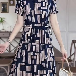 TEMU 방향성 캐주얼 패션 반팔 라운드넥 기하학 패턴 미드 레인지 원피스