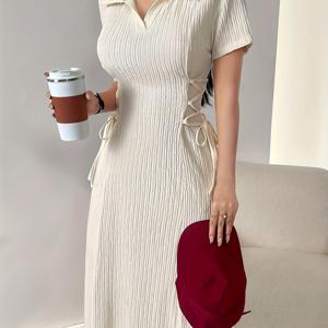 TEMU 여성 여름 레터 프린트 사이드 타이 허리 롱 캐주얼 드레스, 엑스트라 롱 여성용 롱 이브닝 드레스