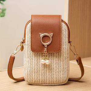 TEMU 세련된 여성용 우븐 휴대폰 파우치 | 조절 가능한 스트랩, 지퍼 잠금, 폴리에스터 안감, 컬러, 기하학적 패턴, 어반 테마