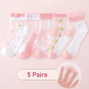 TEMU 귀여운 플로럴 통기성 크루 삭스 5켤레 세트, 여아용, 편안한 미끄럼 방지 메쉬 양말, 여름 아기 필수품, 신학기 시즌에 완벽