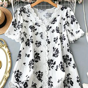 TEMU 플러스 사이즈 여성용 플로랄 프린트 V넥 레이스 트림 블라우스 - 우아한 캐주얼 반팔 셔츠, 사계절 착용 가능한 H라인 핏, 비침 방지 원단