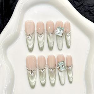 TEMU 10개입 고급 The Green raisin 스무디, 상쾌한 단색 민트 캣츠 아이 프렌치 스타일 핸드메이드 인조 네일, 긴 손톱 장식 패치