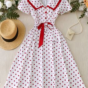 TEMU 여성용 1950년대 빈티지 폴카 도트 A라인 드레스 - 벨트 허리 & 리본 디테일, 플레어드 반소매, 버튼 프론트, 세탁기 사용 가능 - 우아한 파티 & 캐주얼 봄/여름 레트로 원피스