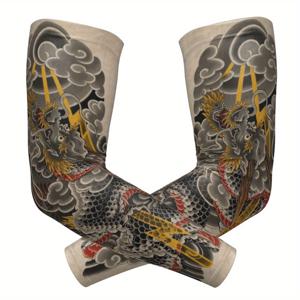 TEMU 금빛과 회색 구름이 얽힌 용의 수묵화가 돋보이는 3D 트렌디 암슬리브 한 쌍, 고대 동양의 매력을 담아