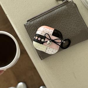 TEMU 블랙 앤 핑크 별과 꽃 패턴 리본 + 원형 이어폰 케이스, Apple Airpods Pro 2, Airpods Pro, Airpods 4, Airpods 3, Airpods 2 호환, 스타일리시 여성용 이어폰 케이스, 이어폰 케이스