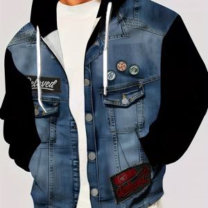 TEMU 남성용 패션 캐주얼 이미테이션 데님 프린트 패턴 디자인 캥거루 포켓 집업 풀오버 스웨트셔츠, 봄/가을 스트리트웨어, 선물용