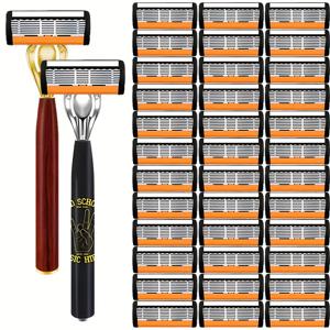 TEMU 초고급 수동 면도기 (미끄럼 방지 핸들 2개, 고품질 스테인리스 스틸 면도날 36개 포함), 남성을 위한 필수품으로 매우 부드럽고 통증이 없는 면도감을 제공합니다.