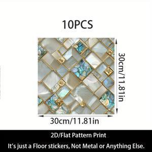 TEMU 10개입 2D 평면 비닐 바닥 스티커, 11.81x11.81인치 정사각형 타일, 블루, 그린, 골든, 화이트 대리지 패턴, 내구성 PVC. 주방, 욕실, 거실, 침실, 기숙사 장식용 - 쉬운 DIY 홈 데코, 자가 접착 고품질 욕실 바닥 타일, 주방 업그레이드, 우아한 디자인, 쉬운 설치 타일, 2D 평면 스티커