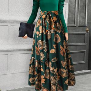 TEMU 여성용 우아한 플로럴 프린트 A라인 맥시 드레스, 하이웨스트 & 리본 디테일 - 긴소매, 라운드넥, 플로이 스커트, 봄/여름/가을에 완벽, 캐주얼부터 포멀 웨어까지, 캐주얼 포멀 드레스 | 플로럴 프린트 드레스 | 원단