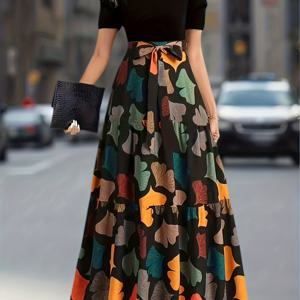 TEMU 여성 빈티지 메이플 리프 프린트 A라인 맥시 드레스, 퍼프 소매 & 하이 웨이스트 타이 벨트 - 생생한 가을 낙엽 디자인, 반팔 라운드넥 캐주얼-시미포멀