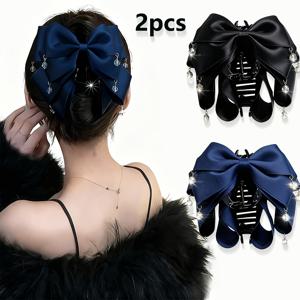 TEMU 2개 세트 새로운 멀티 레이어 패브릭 리본 아크릴 헤어 클립, 여성 패션 태슬 펜던트 대형 헤어 클립, 미끄럼 방지 샤크 클립, 두꺼운 머리카락에 적합, 여성 헤어 액세서리