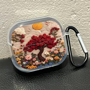 TEMU 갤럭시 버즈3 및 버즈3 프로용 7104 오일 페인팅 레드 트리 플라워 패턴 케이스, 투명 보호 커버 키체인 포함, 방탄 이어버드 케이스