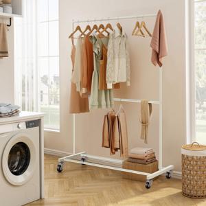 TEMU OYIKYI 1개 공간 절약형 이중층 메탈 옷걸이 랙,쉬운 이동성 바퀴 포함 포함,페인트 마감 - 옷과 신발을 걸 수 있는 검정색 선반, 옷 정리 수납 다기능 정리대 - 쉬운 조립,침실, 거실, 의류 매장에 적합,스탠딩 선반, 침실 의류 보관 | 세련된 메탈 랙 | 거실 수납|현대적인 옷걸이 랙 | 내구성 있는 메탈 프레임, 옷 정리용 스토리지