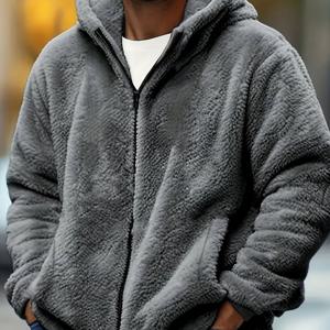 TEMU Pearson OBM 남성용 코랄 자켓 - 가을/겨울용 플러시 안감 도톰한 단색 보온 후드 자켓, 풀집업 잠금장치와 주머니 포함, 데일리 및 홈웨어용
