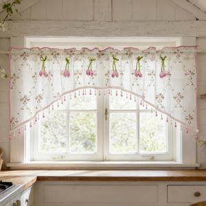 TEMU 1개 패널 프렌치 컨트리 자수 플로럴 아치형 커튼 | 핑크 튤립 장식, 고급스러운 비즈 쇼트 커튼, 빈티지 쉬어 농가 스타일 커튼 (주방, 현관, 소박한 홈 데코용), 폴리에스터, 코드 없음, 로드 포켓