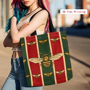 TEMU 1개 2D 프린팅 벌무늬 토트백, 여행 데일리 커뮤트 패션백, 고정 숄더스트랩, 싱글 숄더백, 스타일리시 접이식 숄더백, 여성용 토트백, 내구성 강함, 장보기, 데코, 선물용