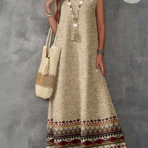 TEMU 여성용 V넥 프린트 빈티지 패턴 민소매 드레스, 여름 여성 드레스