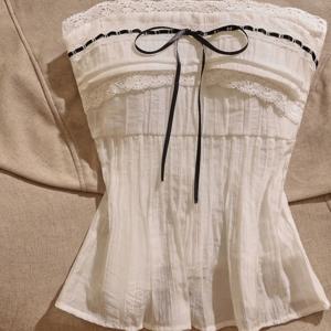 TEMU 여성 봄/여름 레이스 스트랩리스 탑, 스타일리시한 블랙 리본 보우 장식