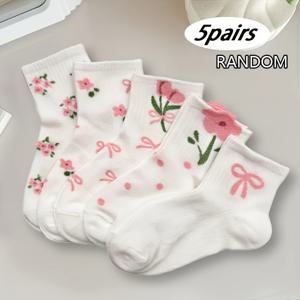 TEMU 여성용 귀여운 꽃 리본 패턴 중목 양말 5켤레 랜덤 - 신선하고 우아한 드레싱용, 통기성 좋고 편안함, 캐주얼 및 격식 있는 자리에 적합, 귀여운 양말, 좋은 스포츠 양말, 숏양말